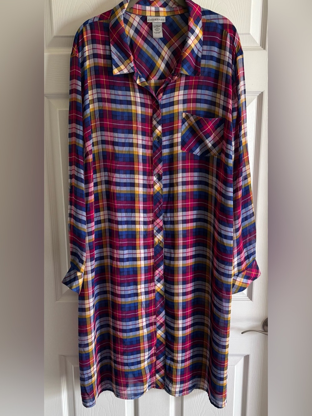 Catherines Multicolor Plaid Button-Down Tunic — Burgundy, Blue & Yellow